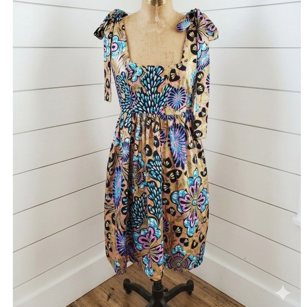 Francis + Benedict Wax Print Tie‎ Shoulder Dress S Gold Blue Floral Ankara